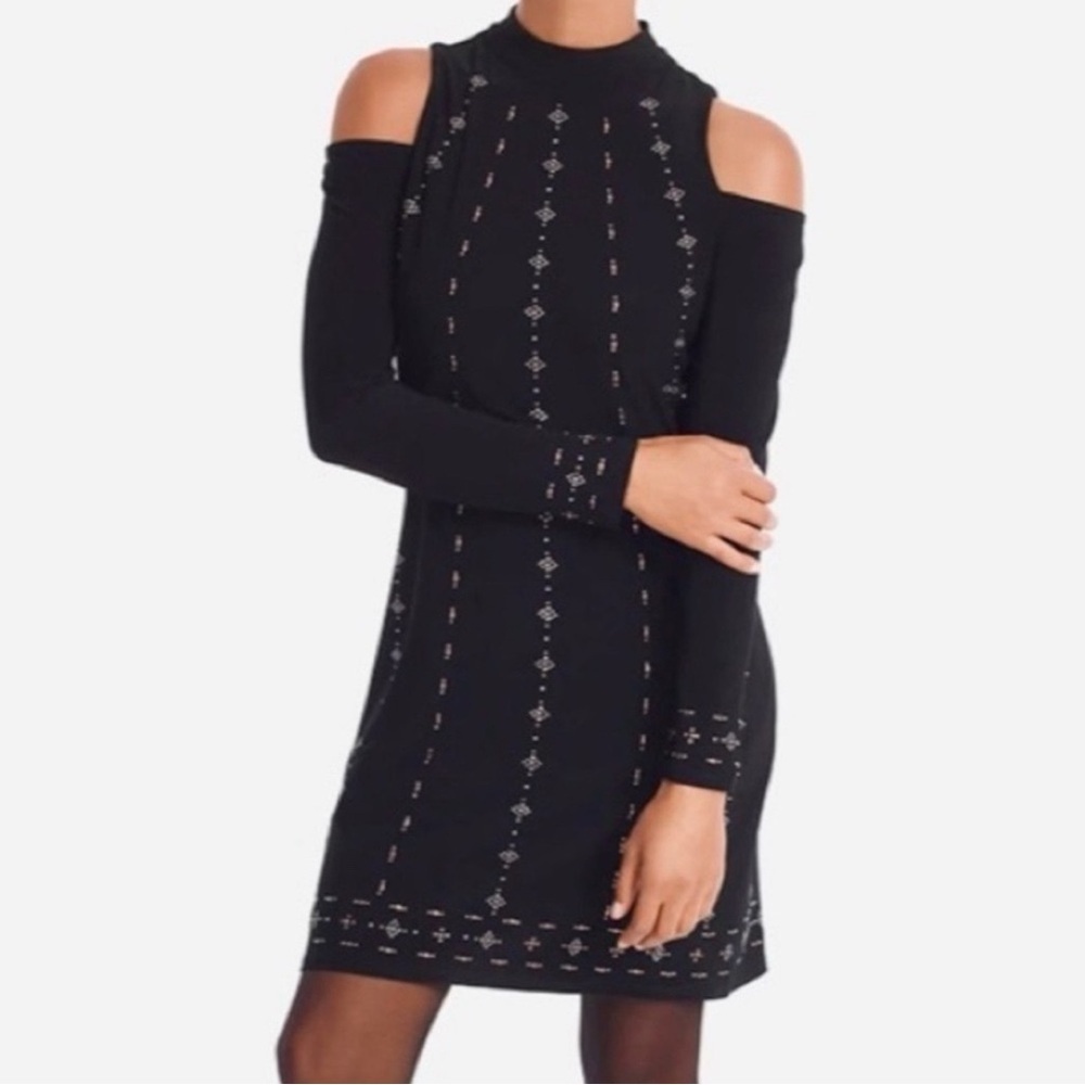 White House Black Market Women’s Cold Shoulder Embellished Long Sleeve Dress